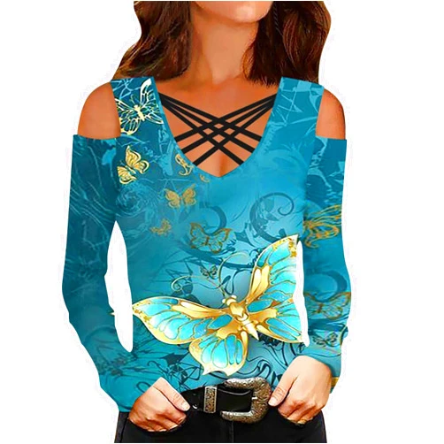 Yesunpxs Off Shoulder Printed Long Sleeve for Women Criss Cross V Neck T Shirt Tunics Tops Blouses Sweatshirts Pullover Tees