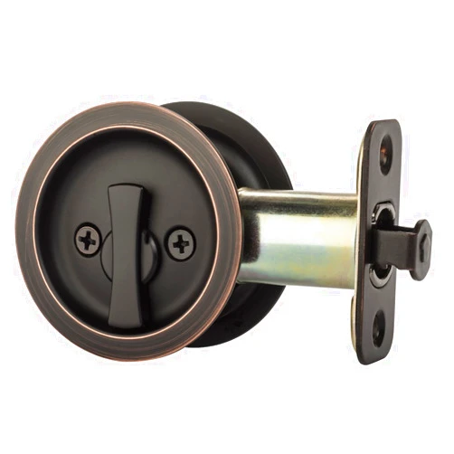 Dynasty Hardware Pocket Door Latch, Round Sliding Handle for Bathroom or Bedroom, Locking Passage Pull, Easy Install Pocket Door Hardware, Aged Oil Rubbed Bronze Finish, 2-3/8