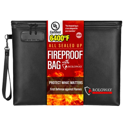 ROLOWAY Fireproof Document Bag (14.5 x 11.5 inch), 6400℉ Fireproof Money Bag with Zipper for Cash, Fireproof Bag Money Pouch, Fire Safe Cash Bag Banker Bag, Smell Proof Bag Money Bag with Lock (Black)