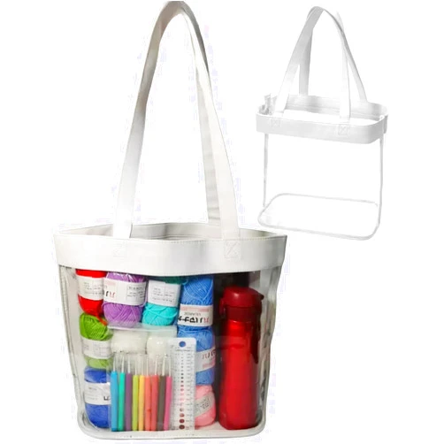 SeBUCUOO Large Clear Tote Bag Stadium Approved Plastic Yarn Holder for Crocheting Supplies Knitting Crochet Project Bag Craft Storage Transparent See Through Purse for Stadium Events 12 x6 x12,White