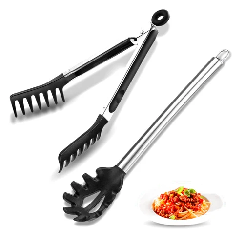 Nryul 2 Pieces Spaghetti Spoon and Pasta Tong,Non-stick 13-Inch Silicone Spaghetti Fork and 9.8-Inch Stainless Steel Handle Spaghetti Tong Food Clip for Spaghetti Noodle
