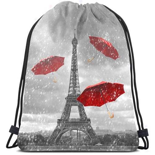 Beabes Eiffel Tower Drawstring Bags Backpack Bag Black Eiffel Tower Flying Red Umbrellas Love Paris French City Sport Gym Sack Drawstring Bag String Bag Yoga Bag for Men Women