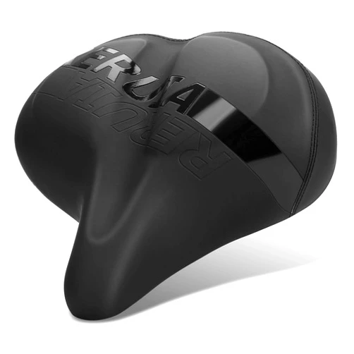 RERUIA Large Comfortable Bike Seat Wide Saddle Shock Absorbing - Oversized Memory Foam Padded Exercise Bicycle Seat Waterproof Leather Cover - Universal Soft Replacement Cycling Cushion for Men Women