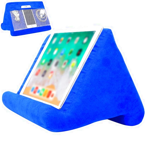 Souleden Tablet Soft Pillow Stand with Mesh Storage Pockets Multi-Angle Soft Bed Pillow Holder Lap Stand for Tablets Readers Books Magazines Kindle Blue