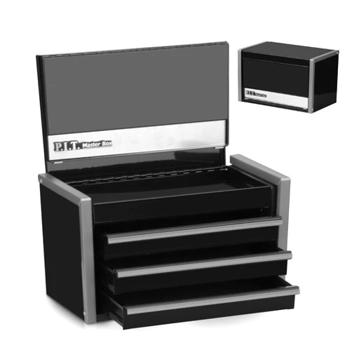 P.I.T. Mini Black Tool Box, Portable 3 Drawer Steel Stackable Tool Box with Magnetic Tab Locking, Black Micro Top Chest with Liner for Tools Storage and Organizers, Home DIY