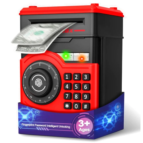 Pupidiu Electronic Piggy Bank for Kids - ATM Money Saver with Auto Scroll Paper Money & Password Protection - Safe ABS Cash Coin Storage Box Educational Toy Birthday Gift for Boy Girl Age 3-12, Red