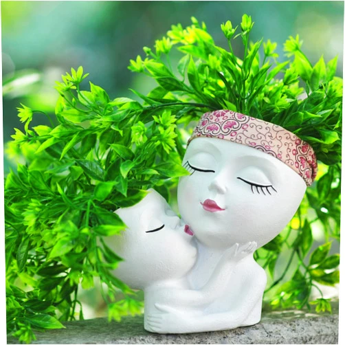 PlotX Head Planter Mother and Child Cute Face Planter Pots Head Resin Flower Pots for Indoor Plants with Drainage Hole (White)