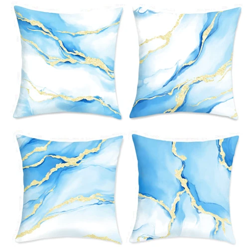Bonhause Blue Gold Marble Throw Pillow Covers 18 x 18 Inch Modern Abstract Marble Texture Decorative Pillow Cases for Couch Sofa Bed Home Patio Decor Set of 4