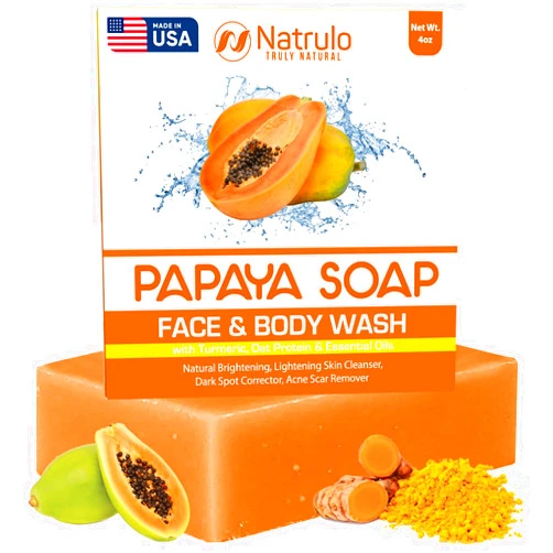 Natrulo Papaya Soap Face & Body Wash – Skin Brightening Papaya Soap Bar for Dark Spots – Reduce Acne, Cleanse Scars, & Even Skin Tone – with Turmeric, Kojic Acid, & Essential Oils – for All Skin Types