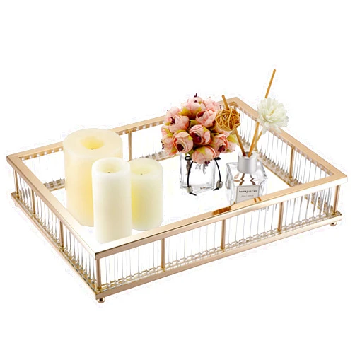Hipiwe Gold Perfume Tray Glass Vanity Tray with Acrylic Column Decorative Makeup Tray Ornate Jewelry Organizer Trinket Tray Dresser Countertop Tray Home Decor Gift for Women Girls, Large