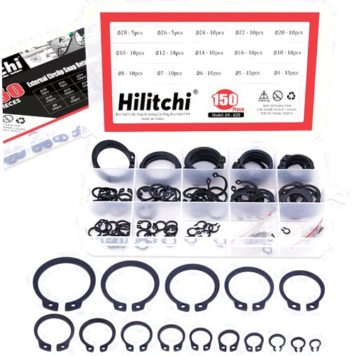 Hilitchi 150-Pcs Alloy Steel External Circlip Snap Retaining Clip Ring Assortment Kit - Size: 4mm to 28mm