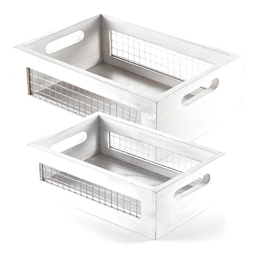 NAGAWOOD Wooden Countertop Baskets Set of 2 for Kitchen, Bathroom, Pantry|Wall Mount Upgrade with Full Accessories| Rustic Nesting Boxes|Wooden Organizer Crates for Fruit, Vegetables, Produce, Bread
