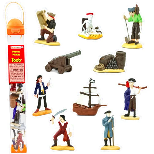 Safari Ltd. Pirates TOOB - 10 Figurines: Peg Leg Pirate, Lady Pirate, Skeleton, Cannon Balls, Cannon, Pirate Ship - Educational Toy Figures For Boys, Girls & Kids Ages 3+