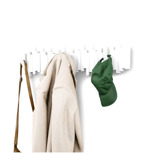 Umbra Sticks Wall-Mounted Coat Rack Rail Hook with 8 Retractable Pegs – Modern, Space-Saving Storage Organizer, White