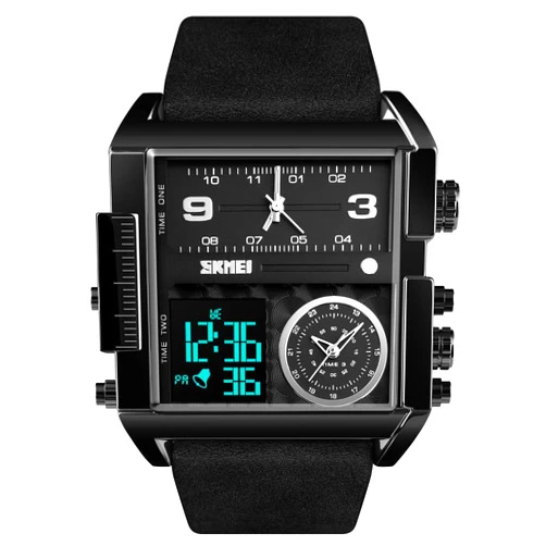 Gosasa Men Square Large Face Digital Sports Watch,LED Analog Quartz Wrist Watch with Multi-Time Zone 50M Waterproof Stopwatch