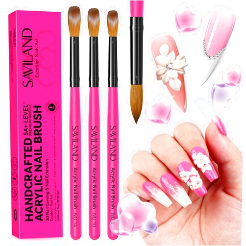 SAVILAND Acrylic Nail Brushes Set: Sizes 8, 10, 14 Nail Brushes for Professional Acrylic Powder Applications, Nails Extension, 3D Carving for Home Salon DIY Nail Art Brush Manicure Acrylic Tools Pink