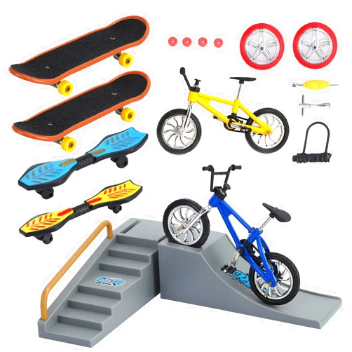 TRERS Training Skate Park Kit Fingerboard Ramp Set with 2 Bikes 2 Finger Skateboards 2 Caster Boards Replacement Wheels Tools Finger Toys for Kids