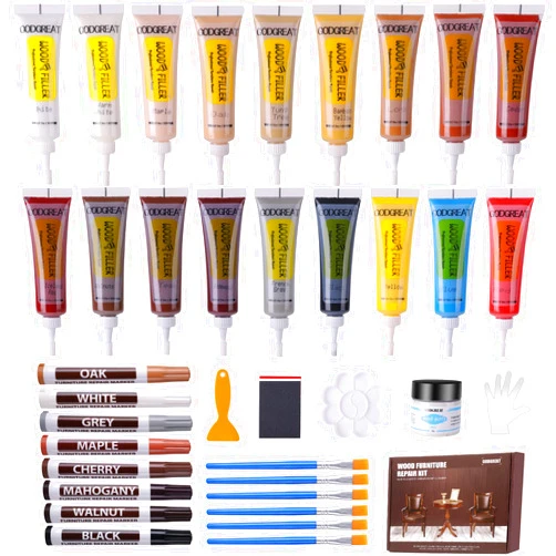GODCREAT Wood Repair Kit - 37 Sets, Wood Fillers furniture Repair Kit with 18 Colors Oak Walnut, Wood Floor Scratch Remover, Wood Touch Up Markers Pen and Wood Putty for Wood Scratch,Cabinet,Floor, Table