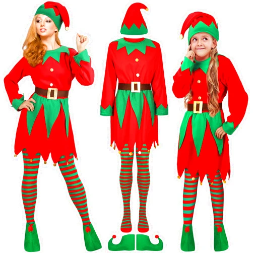 Newcotte Christmas Elf Costume Set Kids Adult Elf Costume Suit Elf Hat Santa Dress Stocking Shoe Belt Xmas