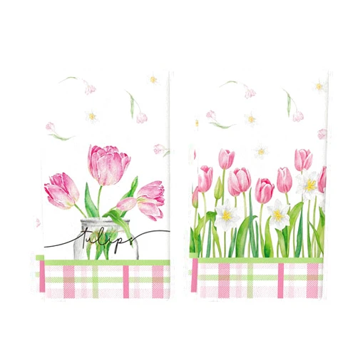 Artoid Mode Tulip Buffalo Plaid Flowers Spring Kitchen Towels Dish Towels, 18x26 Inch Seasonal Floral Decoration Hand Towels Set of 2