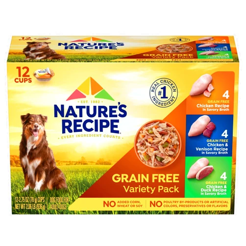Nature's Recipe Nature’s Recipe Grain Free Chicken Recipe, Chicken & Venison Recipe and Chicken & Duck Recipe in Savory Broth Variety Pack Wet Dog Food, 12-2.75 oz. Cups, 2 Count