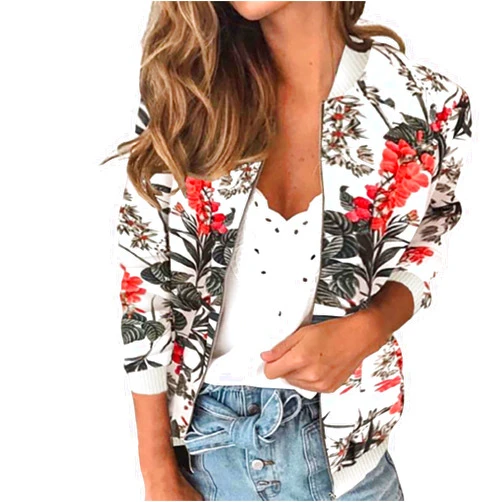 iQKA Women Retro Floral Zipper Bomber Jacket Long Sleeve Casual Chic Coat Streetwear