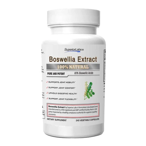 Superior Labs Boswellia Extract - Pure Non GMO Boswellic 65% Acids. Superior Absorption Zero Synthetic Additives - Powerful Formula Joint, Knees, HIPS, Immune, 500mg SVG, 240 Veg Capsules