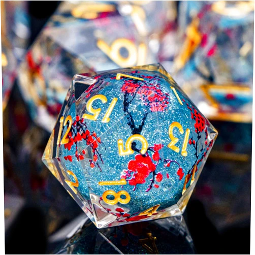 ORIFANTOU Plum Blossom DND Dice Blue Liquid Core Dice Set with Metal Box, Handmade Sharp Edge Dice D and D Polyhedral Dice for Dungeons and Dragons Role Playing Game, RPG D&D Dice Set