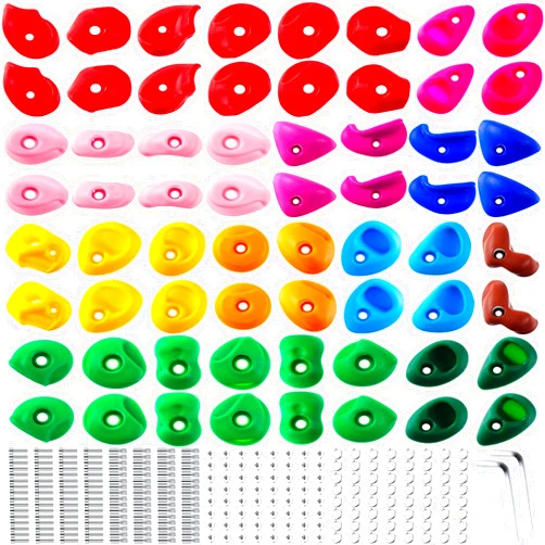 Liliful 64 Pcs Rock Climbing Hold Set Kids Rock Wall Climbing Kit Adult Mix Colored Grip with Mounting Hardware Wrenches for Outdoor Indoor Playground Backyard Back to schooll Gift