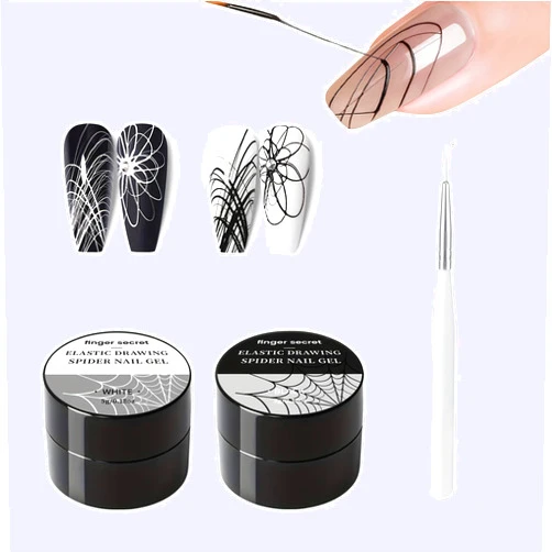 Finger secret Spider Nail Gel 5g/0.18oz,Spider Gel Drawing Gel Nail Polish Set Nail Art Wire Drawing Gel for Line with Nail Art Brushes (White & Black)