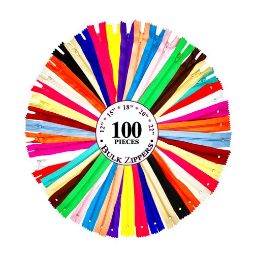 KGS Nylon Zipper for Sewing Crafts | 20 Assorted Colours | Size: 12+15+18+20+22 Inch | 100 Zippers/Pack | Multicolor Zippers for Sewing Supplies and Replacement in Bags, Pouches, Skirts, Dresses