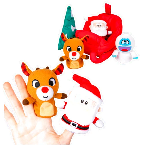 KIDS PREFERRED Christmas Rudolph The Red-Nosed Reindeer Finger Puppet Playset with Sleigh, 5 Pieces, Christmas Stuffed Animal Plush Toys, Finger Hands Party Toys (23133)