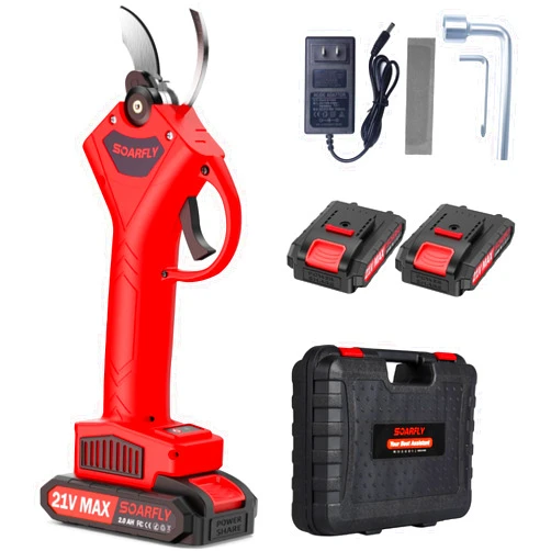 SOARFLY Electric Pruning Shears, 30mm 1.2'' Cutting Diameter Professional Cordless Electric Pruner for Tree Trimming Branch Cutter, (2Pcs 2000mAh Battery & 1 Charger Included), Red, SEPS-02