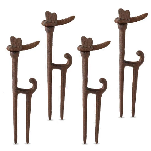 Shimeyao 4 Pack Garden Hose Guide Stakes Bulk 9.5'' Rusty Dragonfly Garden Hose Guide Spike Decorative Cast Iron Stakes Holder Heavy Duty Metal Outdoor Nails Tool for Lawn Yard Patio Plant Protection