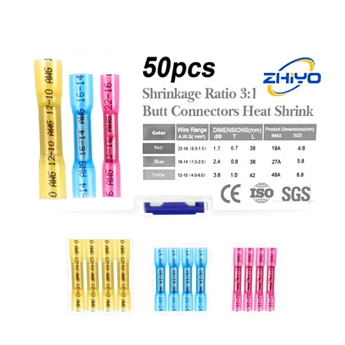 ZhiYo Heat Shrink Butt Connectors - Electrical Wire Connectors Kit - Insulated Waterproof Marine Automotive Wire Crimp Terminals - AWG 22 – 10 3 Sizes Butt Splice (50PCS)