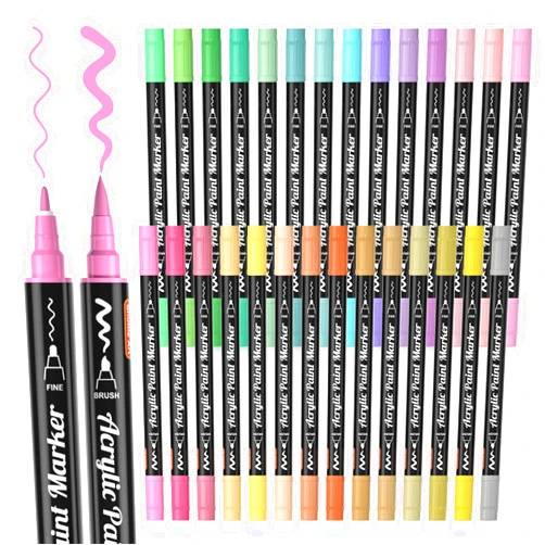 Shuttle Art 28 Pastel Colors Dual Tip Acrylic Paint Markers, Brush Tip and Fine Tip Acrylic Paint Pens for Rock Painting, Ceramic, Wood, Canvas, Plastic, Glass, Stone, Calligraphy, Card Making, DIY Crafts