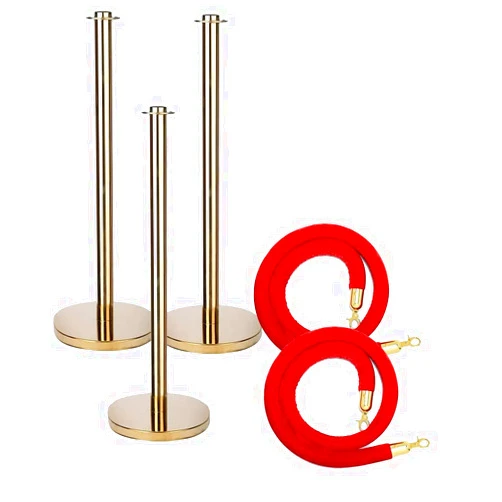 CXKJP Crowd Control Barriers Carpet Ropes and Poles Gold Stainless Steel Stanchion Set for Theater Hotels Concert Museums 5FT Red Velvet Rop (Color : Red Rope, Size : 3 PCS Set w/2 Rope)