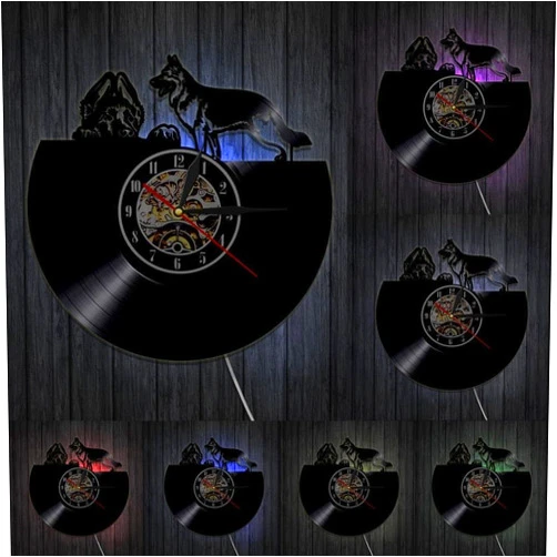 PIZADA Dogs Contemporary Wall Clock Home Decor Puppy Vinyl Wall Art Different Dog Breeds Vinyl Record Wall Clock Dog Pet Lovers Gift with LED