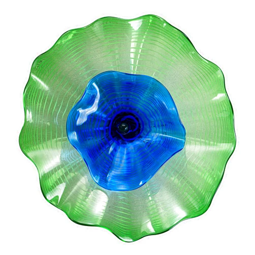 Zonsbin Hand Blown Art Glass Wall Decor Green Blue 2-tier Flower Shaped Murano Glass Plates for Kitchen, Staircase, Living Room, Entry, Hallway 12 Inch Diameter, ZSD-P051