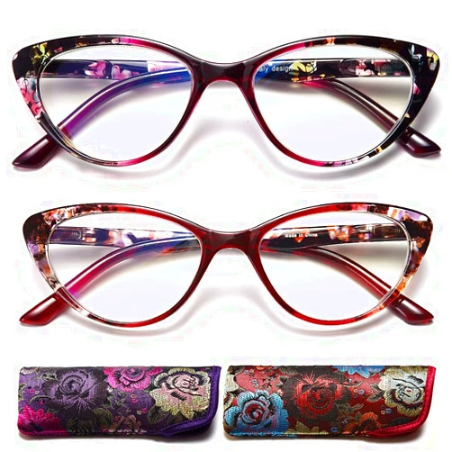 EYEURL Cat Eye Reading Glasses for Womens Set of 2 Blue Light Blocking Computer Readers +1.5 Ladies Eyeglass Quality Frame Lightweight and Comfortable