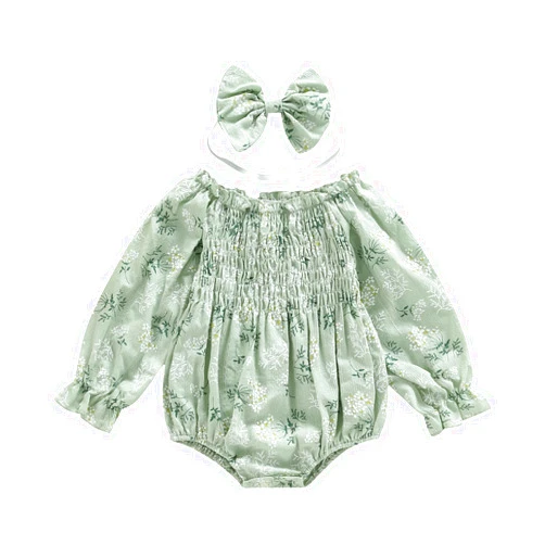 COORALLY 2pcs Baby Girl Smocked Bubble Romper Newborn Long Sleeve Off Shoulder Flowers Printed Ruffle Jumpsuit