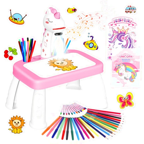 Hoarosall Drawing Projector for Kids, Art and Crafts, Drawing Board with Music, Color Pens, Pencils, Crayons, Scrapbook, Unicorn Sticker Book, Ideal Toy for 3+ Year Old Girls & Boys (Unicorn Kit)