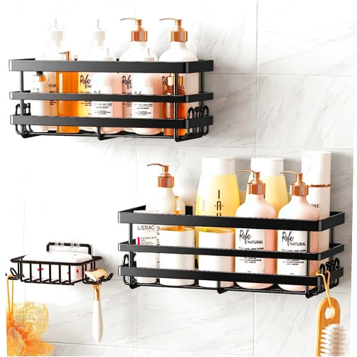 Limvoo Shower Caddy Shelf Organizer,Self Adhesive Shower Shelves,Inside Shower Rack, Large Capacity Shower Basket with 1 Soap Holders for Bathroom and Kitchen (3Pcs-Black)