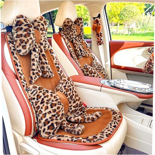 Seemehappy Plush Leopard Front Car Seat Covers and Rear Car Seat Covers Set Velvet Car Seat Cushions Set -Luxury Plus