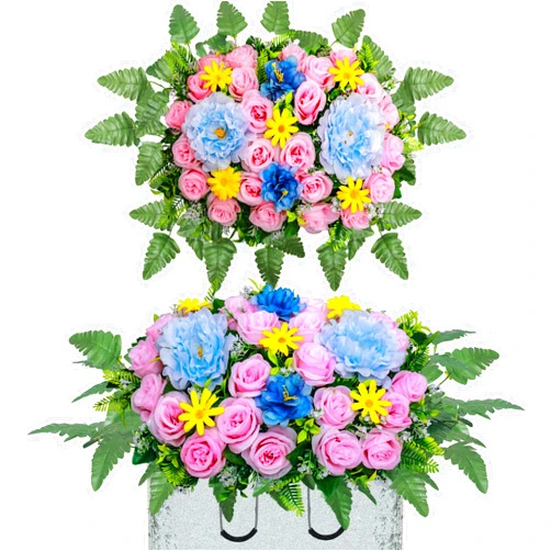 Lodou Artificial Cemetery Flower Saddles for Graves,Outdoor Grave Saddle Headstone Decorations,Artificial Rose Bouquet Grave Memorial Flowers for Grave Decorations (Light Pink Rose, Saddle)