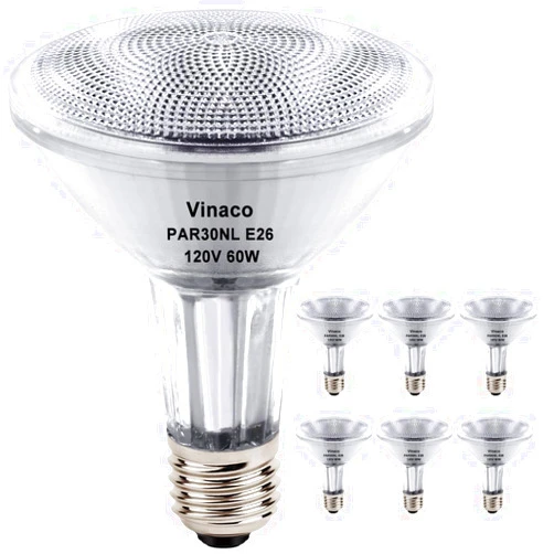 Vinaco PAR30 Long Neck Halogen 60W 120V, Long Lasting 6 Pack PAR30L Flood Light Bulb, PAR30 Dimmable, High Output 1000LM with PAR30 E26 Warm White 2800K Indoor Outdoor PAR30LN