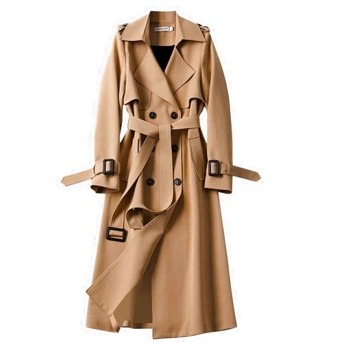 Generic Women's Classic Double Breasted Long Trench Coat - Belted Notch Lapel Windproof Overcoat, Elegant Fall Winter Outerwear