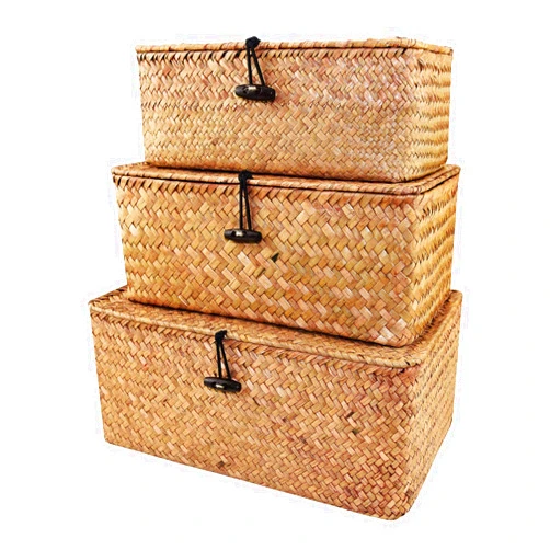 Esoes Wicker Storage Basket Woven Rattan Storage Box With Lids Seagrass Laundry Baskets Makeup Organizer For Bathroom, Living Room, Kitchen (M+L+XXL)