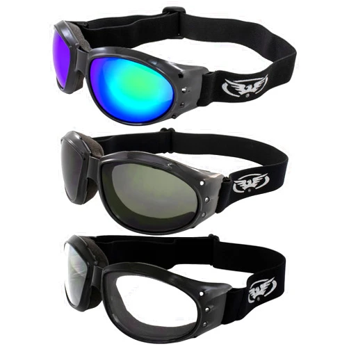Global Vision 3 Pairs of Eliminator Padded Motorcycle Riding Goggles Black w/Clear, Smoke & Green Mirror Lenses