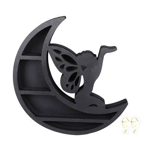 Enforose Wooden Moon Shelf, Crystal Shelf Display Moon Fairy Multilayer Mechanical Carving Crystal Shelf Jewelry Holder Wall Mounted Crystal Shelf Display for Wall Decor